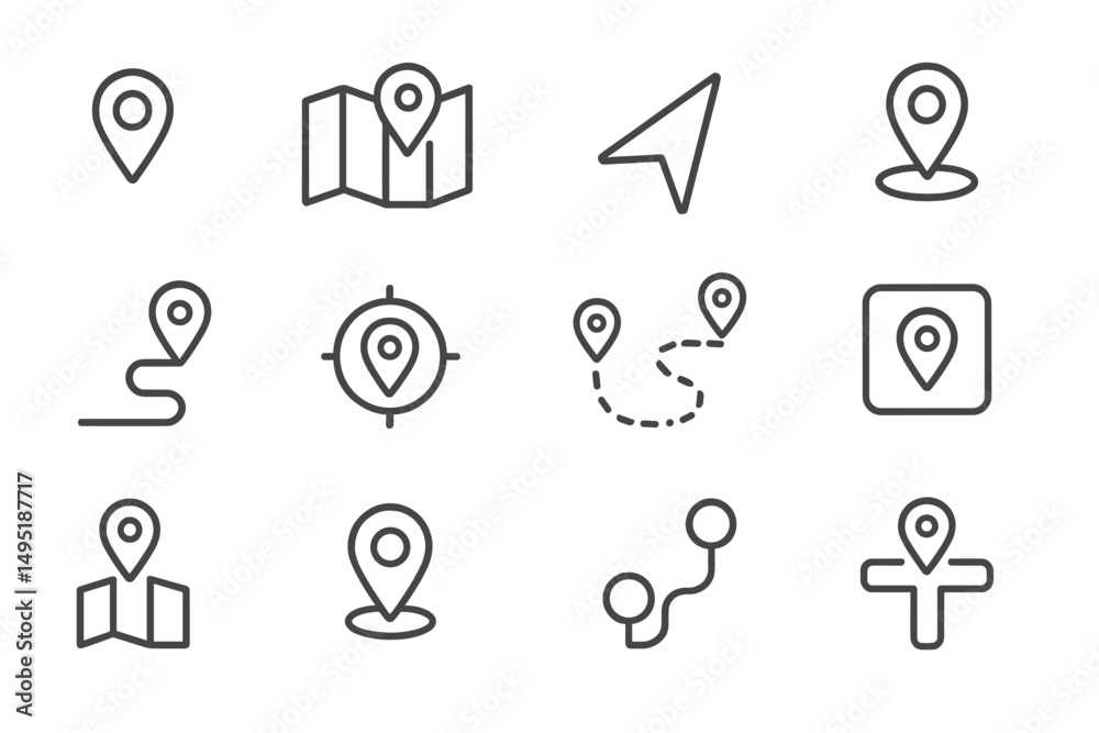 Poster modern vector illustration featuring various location and navigation symbols for digital maps and ap