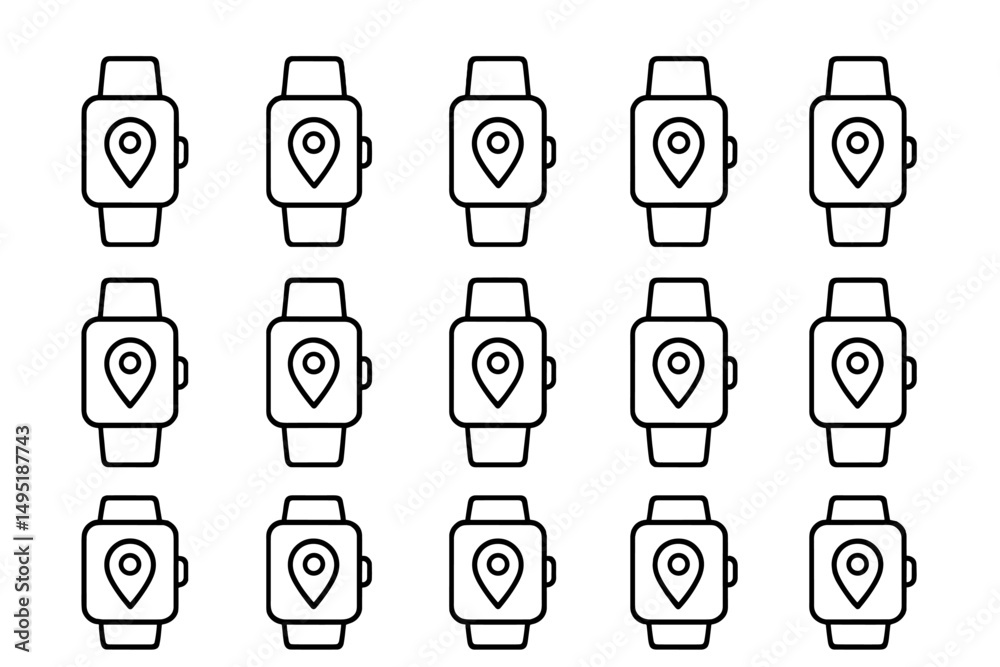  vector illustration of smartwatches displaying location pins arranged in a neat grid pattern for dig
