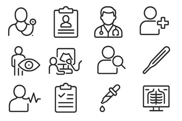 Modern vector illustration depicting healthcare professionals, patient care, and medical tools in a clinic setting