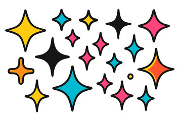 Colorful vector illustration of sparkling stars in various shapes and sizes against a white background