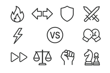 Modern vector illustration featuring symbols of conflict, balance, and competition representing various human experiences