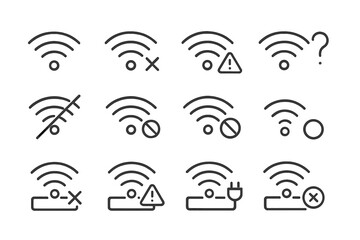 Modern vector illustration of various WiFi connection indicators and status symbols representing network issues and connectivity