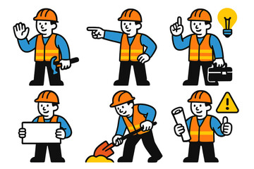 Construction workers engaging in various tasks with tools and safety gear in a modern vector illustration