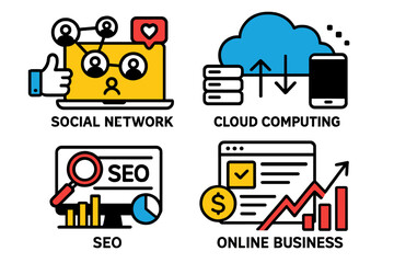 Modern vector illustration showcasing various aspects of digital technology and online business environments in a creative layout