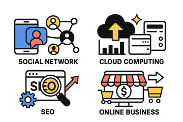 Modern vector illustration showing concepts of social networking, cloud computing, SEO, and online business in a creative layout