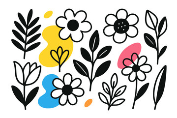 Colorful modern vector illustration of flowers and leaves in a playful arrangement with abstract shapes