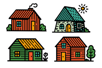 Modern vector illustration of four distinct houses in various styles and colors, showcasing creativity and whimsy in residential architecture