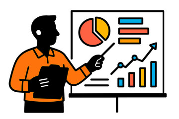 Professional presentation of business data including charts and graphs by a presenter in a modern vector illustration style