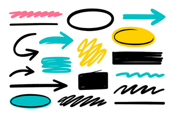 Colorful modern vector illustration of various doodle shapes and arrows on a white background showcasing creative design elements