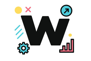 Creative modern vector illustration featuring a bold letter W with abstract geometric shapes and colorful accents in a playful design