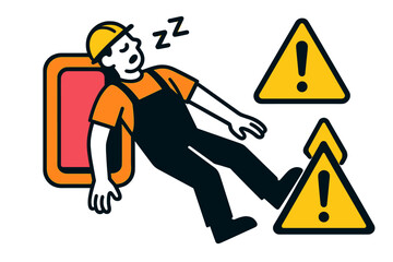Worker asleep on site with hazard warnings illustrating importance of safety and alertness in construction environments
