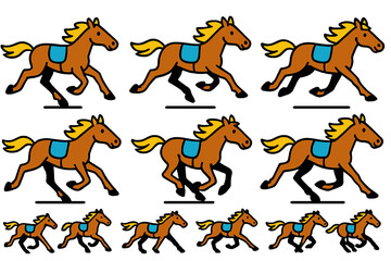 Animated horses in various running poses illustrating movement and motion in dynamic vector style