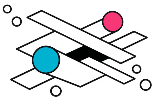 Modern vector illustration of intersecting shapes and colorful circles in a minimalist design