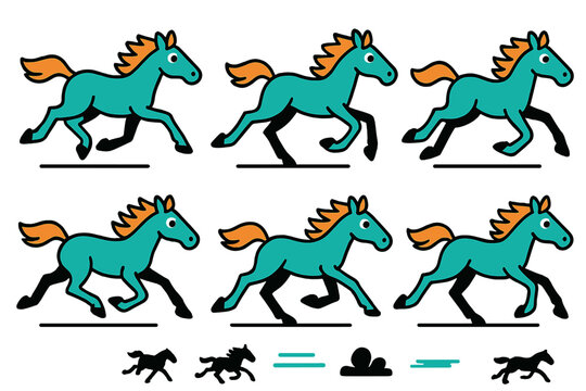 Vector illustration depicting a series of galloping horses showcasing different running positions for an animated sequence