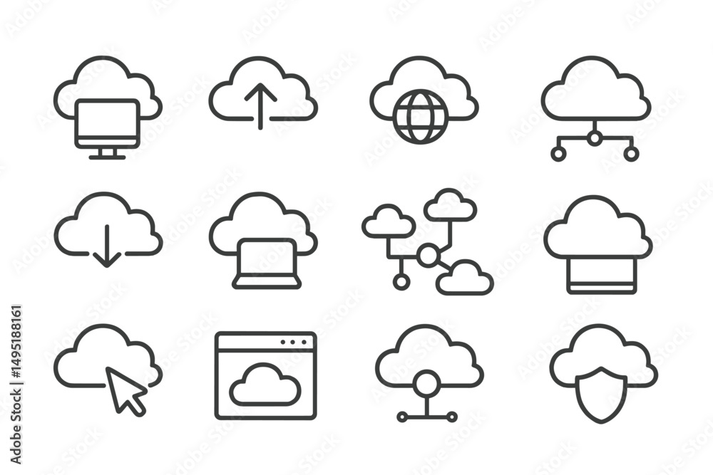 Poster vector illustration of cloud computing icons representing various digital technology functions and o