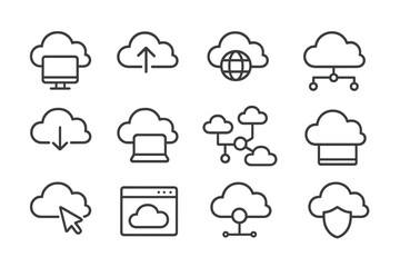 Vector illustration of cloud computing icons representing various digital technology functions and online services