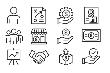 Vector illustration depicting business concepts such as strategy, finance, teamwork, and growth in a modern, clean style