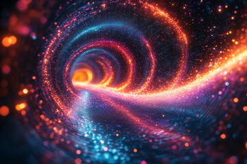 Abstract design featuring swirling light trails and digital particles, forming a vortex like pattern in shades of cyan, magenta, and violet, symbolizing the immersive nature