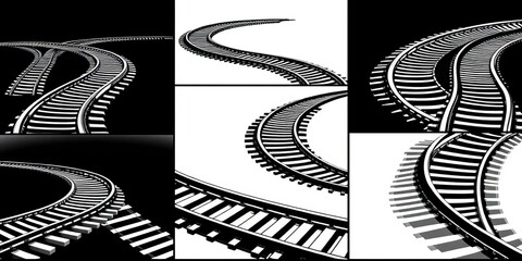 Abstract black and white vector illustrations of curved and wavy railway tracks; various designs with ample empty space, curve, abstract