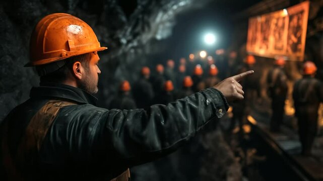 Over-the-shoulder view of safety rep pointing to underground hazards poster while miners observe quietly in narrow tunnel