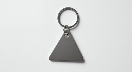 Minimalist gray triangle keychain with metal ring on a white surface