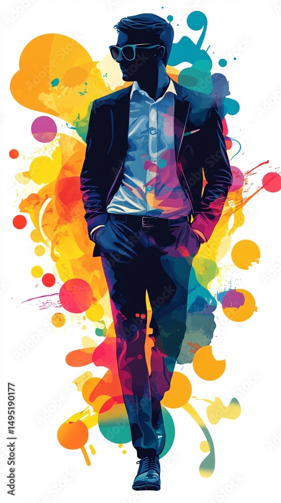 Poster Stylish businessman walking with colorful splashes and paint stains creating an artistic and modern atmosphere