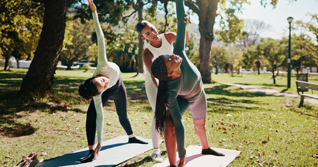 Outdoor, instructor and women with stretching for yoga, wellness and chakra with support for balance. Nature, people and coach with helping for flexibility, triangle pose and fitness for yogi group