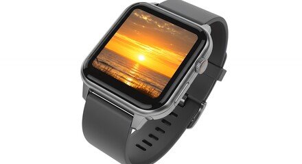 Smartwatch Displaying Sunset Over Ocean Silver Case and Black Strap