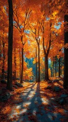 Fototapeta premium Path through vibrant autumn forest filled with orange and yellow leaves, sunlight filtering through tall trees, creating a stunning atmosphere