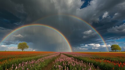 Double rainbow over colorful field