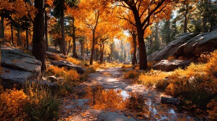 Fototapeta premium Vibrant autumn landscape showcasing golden leaves, reflecting water, and sunlit forest path in the early afternoon
