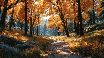 Obraz premium Autumn landscape with vibrant orange trees and a winding path through the forest at midday