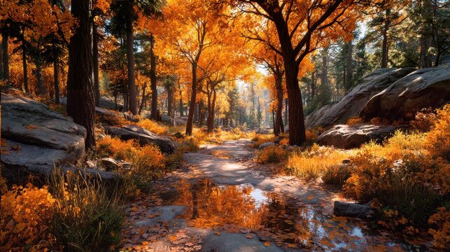 Vibrant autumn landscape showcasing golden leaves, reflecting water, and sunlit forest path in the early afternoon