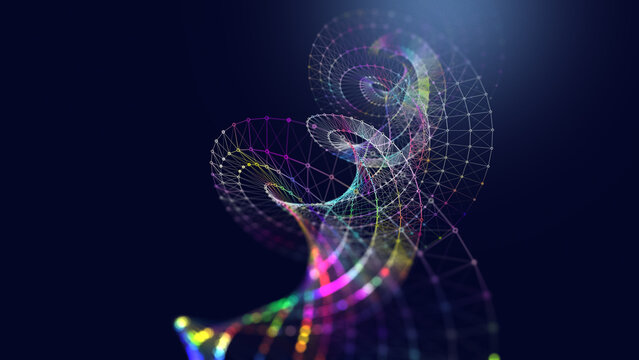 Abstract grid helix from color polygons in dark cyberspace. Rotating DNA shape wireframe connecting circles.3d rendering.