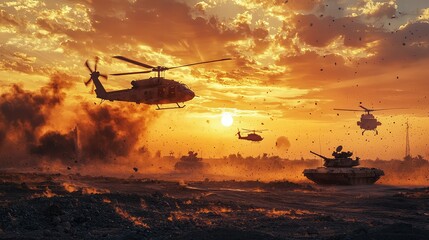The aftermath of an airstrike with military helicopters returning to base, while tanks continue the assault below in the golden light of sunset.