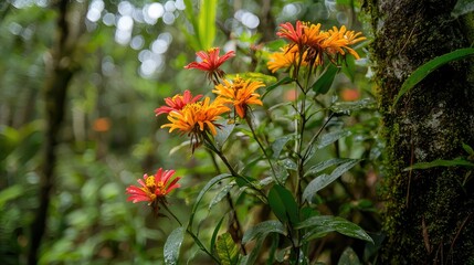 The Amazonian flora of Anavilhanas, with bright, colorful flowers in full bloom, attracting a myriad of buzzing bees and insects.