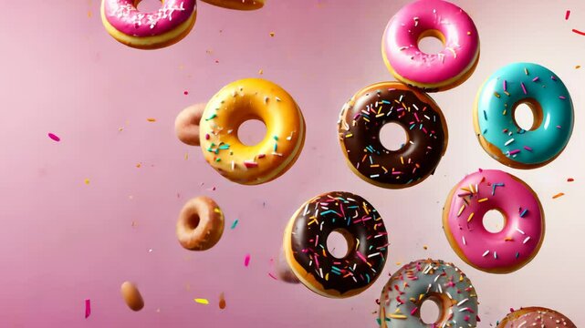 A colorful assortment of donuts in mid-air, beautifully arranged in a visually appealing composition, creating a sense of fun and playfulness.