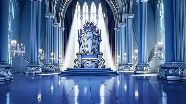 Majestic Throne Room: The palatial throne room exudes an aura of regal elegance. The grand interior, in shades of cool blue, showcases an ornate throne, and evokes the feeling of power.