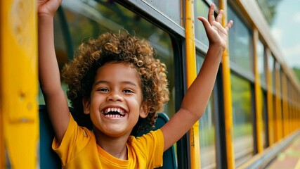 Happy Child on School Bus: A joyful child with curly hair laughs and waves from a yellow school bus window, radiating happiness and excitement for the school day. - Powered by Adobe