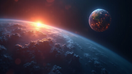  Close-up from space of Luma, a small glowing star, watching over the vibrant Earth below, soft glowing atmosphere, fantasy microphotography style