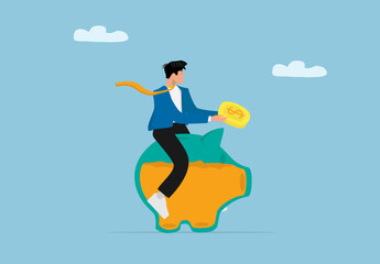 Businessman Saving Money by Putting Coins into Piggy Bank Symbolizing Financial Planning and Investment