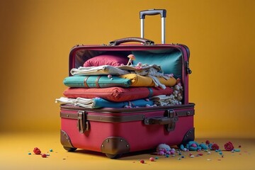 Overfilled, overflowing suitcase bursting at seams, mess, bursting, problem
