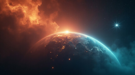 Obraz premium Close-up from space of Luma, a small glowing star, watching over the vibrant Earth below, soft glowing atmosphere, fantasy microphotography style
