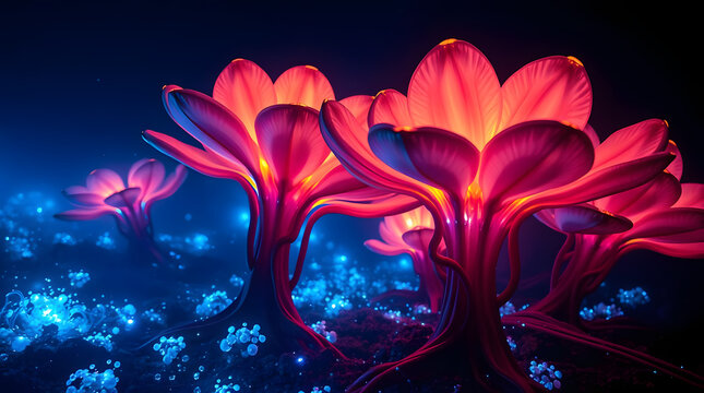 A vibrant and surreal image features glowing, neon-colored flowers in shades of pink and red against a dark blue background with scattered, luminous blue particles