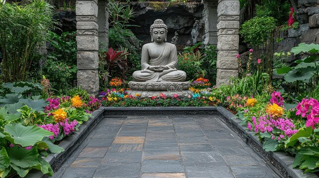 The ancient stone Buddha sculpture radiates peace, surrounded by colorful flowers and thriving greenery placed between the grand stone pillars at the entrance of the temple.