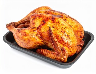 Whole roasted chicken on tray isolated on white background with clipping path for family meal or holiday concept
