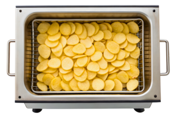Golden potato crisps in a metal frying basket isolated with transparent background