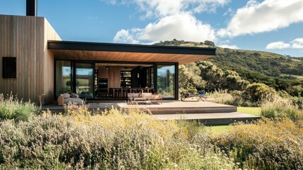 The architectural elegance of a wooden country house with Nordic influences, set against the natural beauty of Wilson's Promontory, offering a luxurious retreat.
