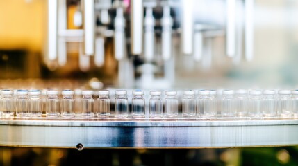 Pharmaceutical production line, glass vials with white labels aligned on conveyor belt.
