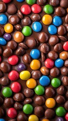 Colorful chocolate candies scattered over a glossy chocolate surface creating a vibrant and tempting background